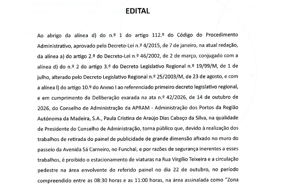 EDITAL - Retirada do painel de publicidade de grande dimensão
