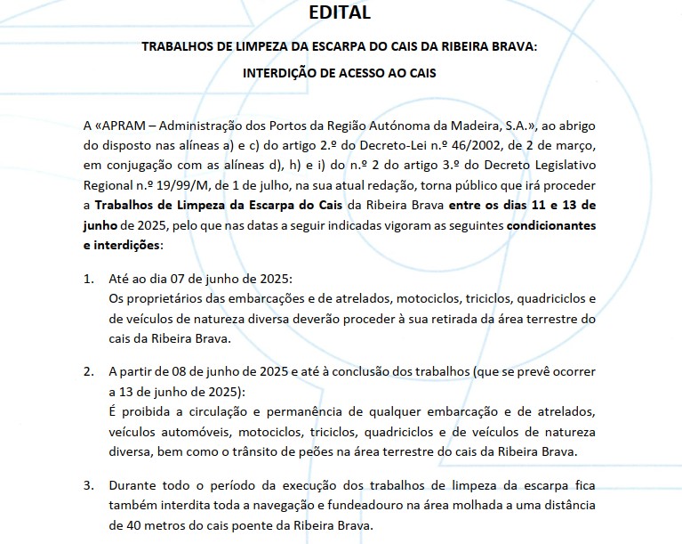 EDITAL - TRABALHOS DE LIMPEZA DA ESCARPA DO CAIS DA RIBEIRA BRAVA