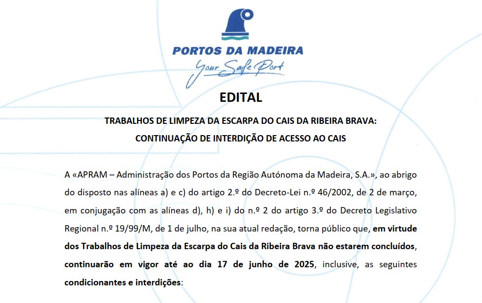 EDITAL - Aditamento - TRABALHOS DE LIMPEZA DA ESCARPA DO CAIS DA RIBEIRA BRAVA