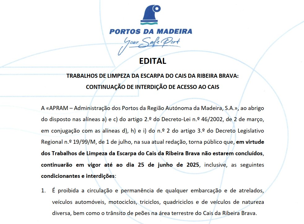 EDITAL - 2º ADITAMENTO TRABALHOS DE LIMPEZA DA ESCARPA DO CAIS DA RIBEIRA BRAVA