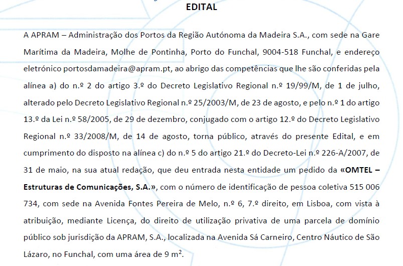 EDITAL - Pedido da «OMTEL - Estruturas de Comunicações, S.A.» - Av. Sá Carneiro - Centro Náutico de São Lázaro