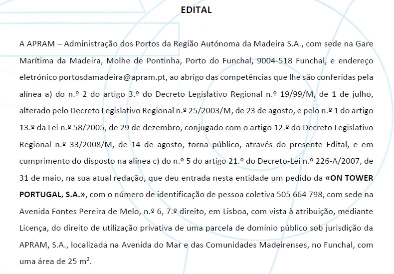 EDITAL - Pedido da «ON TOWER Portugal, S.A.» - Av. do Mar e das Comunidades Madeirenses