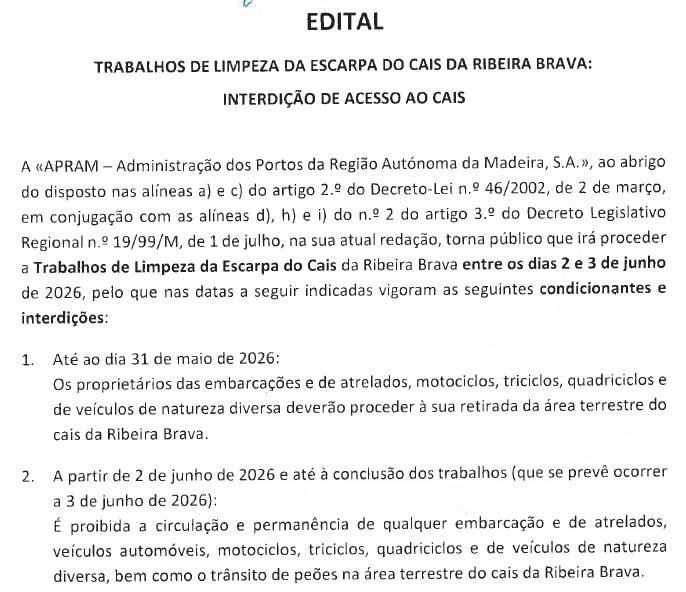 EDITAL - Trabalhos de limpeza da escarpa do cais da Ribeira Brava: Interdição de acesso ao cais