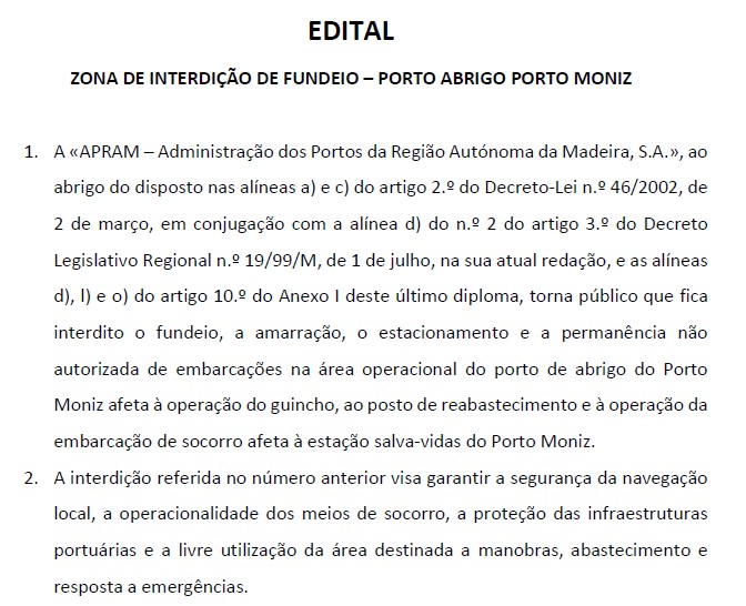 EDITAL - Zona de interdição de fundeio - Porto de Abrigo do Porto Moniz