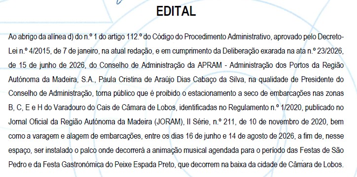 Edital - Festas de São Pedro e Festa Gastronómica do Peixe Espada Preto 2026