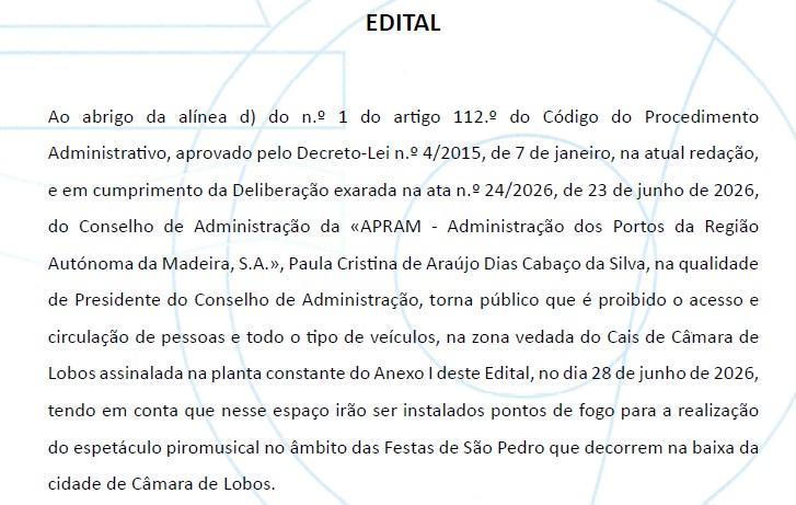 EDITAL - Espetáculo Piromusical no âmbito das Festas de São Pedro 2026