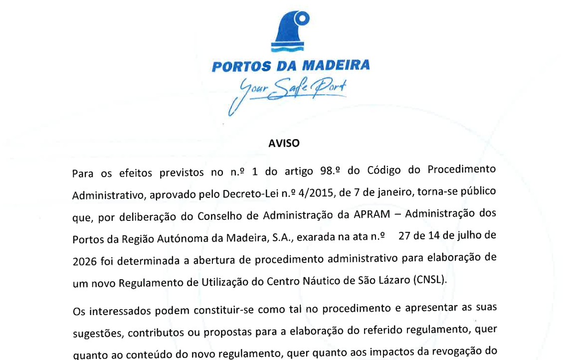 Elaboração de um novo Regulamento de Utilização do Centro Náutico de São Lázaro