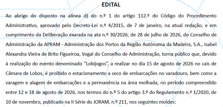 EDITAL - Remoção de embarcações do varadouro e espelho de água do Cais de Câmara de Lobos